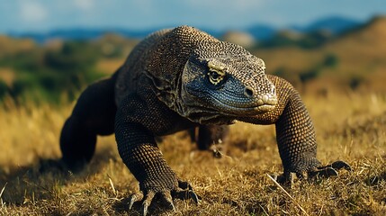 Obraz premium A close-up of a Komodo dragon walking through a grassy landscape.