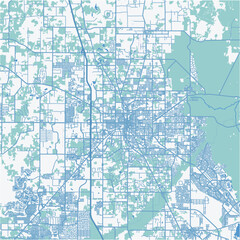 Map of Ocala in Florida in a professional blue style. Contains layered vector with roads water, parks, etc.