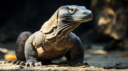 Obraz premium A close-up of a Komodo dragon in a natural setting, highlighting its features and textures.