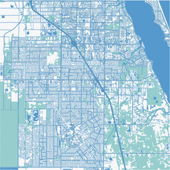Map of Palm Bay in Florida in a professional blue style. Contains layered vector with roads water, parks, etc.