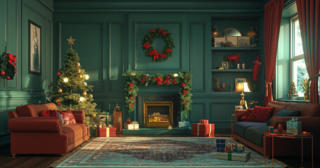 Elegant Green Room Christmas Decor with Fireplace