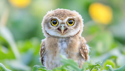 Cute burrowing owl chick standing in green grass