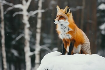Obraz premium A fox stands majestically on a snowy mound in a forest setting.