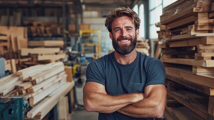 A confident man with a beard stands with his arms crossed in a carpentry workshop filled with wooden planks, showing expertise, skill, and passion for his craft.