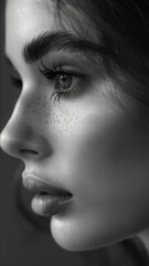 Black and White Portrait of woman model with flawless skin posing in profile, close up of beautiful female