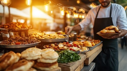 Fototapeta premium A street food vendor enthusiastically serves a variety of fresh dishes, surrounded by glowing string lights, capturing the lively spirit of a busy food market.