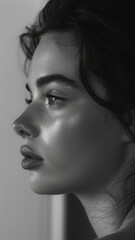 Fototapeta premium Black and White Portrait of woman model with flawless skin posing in profile, close up of beautiful female