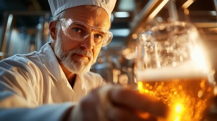 An elderly man in a white coat and safety goggles inspects a glass of beer in a brewery setting, emphasizing precision and dedication in the brewing process.