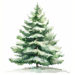 Fototapeta premium Watercolor Christmas tree with lush green branches lightly covered in snow, standing on a snowy ground. The tree is isolated against a white background, creating a serene and wintry feel