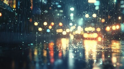 A blurred cityscape at night with rain falling, creating a bokeh effect with glowing streetlights and reflections on the wet pavement, evoking a cozy and atmospheric scene