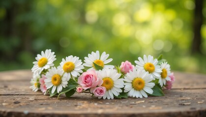 Obraz premium Delicate floral crown made of daisies and pink roses on a wooden table 