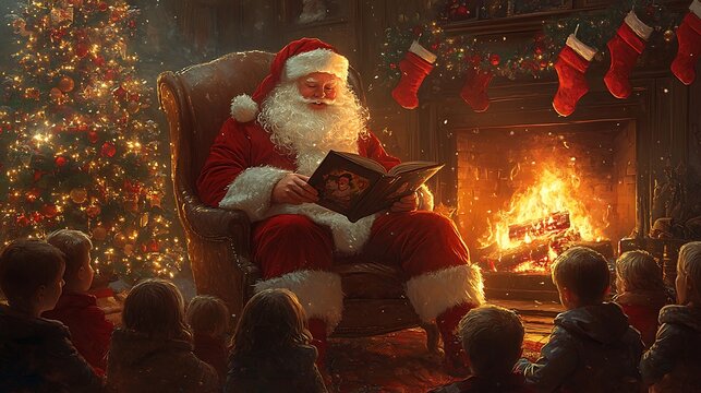 Realistic Santa Claus sitting in a large armchair by a roaring fireplace, reading a storybook to a group of children gathered around him, the soft glow of the fire casting warm shadows,