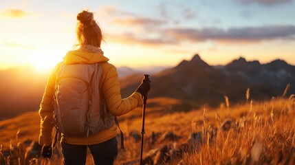 Obraz premium A woman hiking with poles through a breathtaking mountain landscape at sunset, her backpack visible, capturing the essence of adventure and self-discovery in nature.