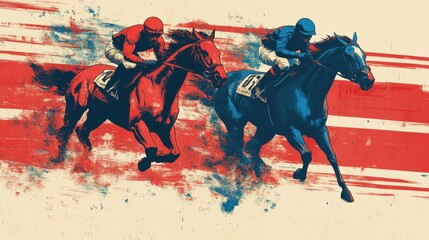 The concept of political horse race journalism in racing stripes of red and blue colors