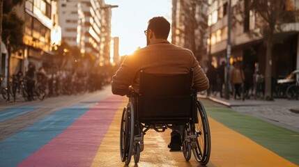 A person in a wheelchair moves through a vibrant, colorful street path as the sun sets, casting a warm glow over the urban environment and bustling city life.