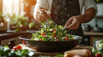A chef skillfully tosses a fresh, vibrant salad in a sunlit kitchen, capturing the essence of culinary artistry and the joy of cooking in a homey atmosphere.