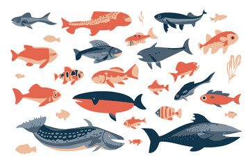 This collection showcases various fish species, highlighting their unique colors and forms, celebrating aquatic diversity