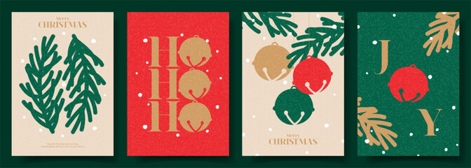 Merry Christmas greeting posters. Trendy vector illustration with Christmas fir tree branches, jingle bells, snow and typography design. Minimalist New Year flyers for ads, cover, social media. © Yaran