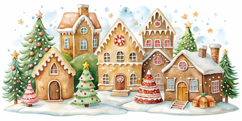 A festive gingerbread village awaits under a blanket of snow.
