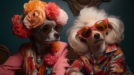 Two lovely poodles wearing sunglasses with vibrant colored frames and colorful hair, adorned with vintage accessories, studio photography.