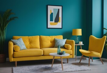 Vibrant yellow sofa and chair near teal wall with poster frame. interior design of modern living room.