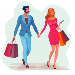 Couple walking hand in hand with shopping bags, wedding plans