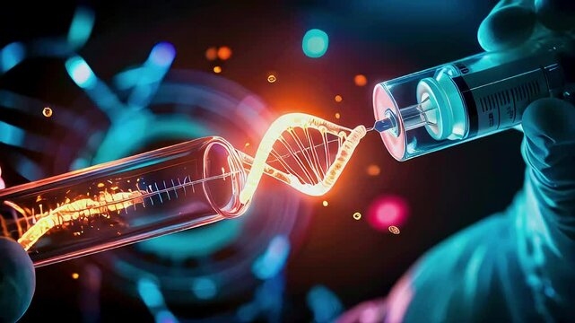 A glowing DNA strand is being injected with a syringe in a laboratory setting.