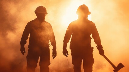 Two silhouetted workers stand amidst a dramatic, dusty environment at sunset, symbolizing strength and perseverance in face of challenging work conditions at dusk.