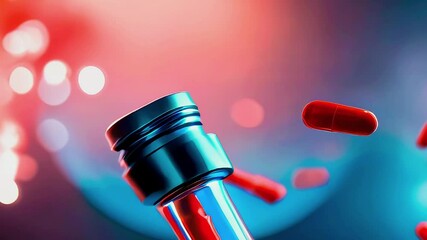 Red capsules falling into a glass container, with a blue cap, against a blurry background of red and blue bokeh. - Powered by Adobe
