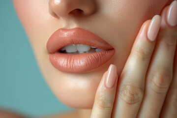 Obraz premium Close-up of a woman's lips and hand, showcasing natural makeup and well-manicured nails.