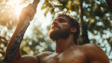 Portrait of a rugged, bearded man gazing up with curiosity, holding a tree branch while surrounded by nature, his expression reflecting a sense of adventure and wonder.