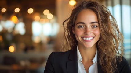 Obraz premium A cheerful woman with curly hair and freckles smiles warmly in a professional office environment, surrounded by softly blurred warm lights and wooden decor.