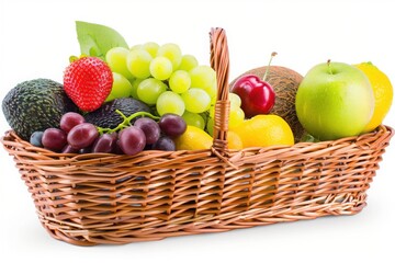 A wicker basket filled with a variety of fresh fruits, including apples, grapes, strawberries, and peaches.

