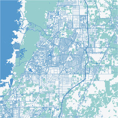 Map of Spring Hill in Florida in a professional blue style. Contains layered vector with roads water, parks, etc.