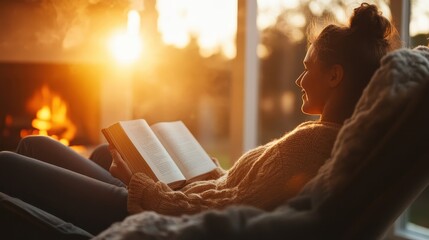 A person sits in a comfortable chair, immersed in a book by the warmth of a crackling fireplace, as the golden sunset casts a gentle, inviting glow around them.