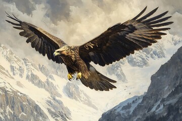 Obraz premium A majestic eagle soars over snow-capped mountains, embodying freedom and strength.