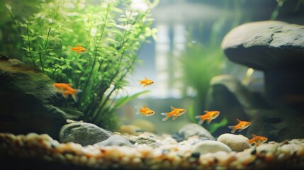 Compact fish tank with a few guppies, natural rocks, and tiny aquatic plants, creating a peaceful, mini-aquarium scene.
