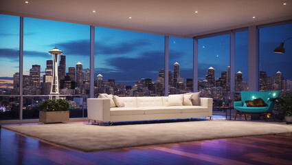 Fototapeta premium A large, modern living room with a white couch, city skyline view, and floor-to-ceiling windows.