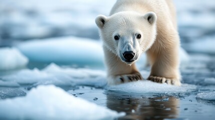 An inquisitive young polar bear ventures across the icy terrain of the Arctic, showcasing its vulnerability and the challenges of its natural environment.
