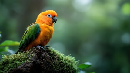 Fototapeta premium A vivid orange parrot with striking green wings perches amidst a misty rainforest setting, showcasing vibrant colors and natural splendor on a mossy backdrop.