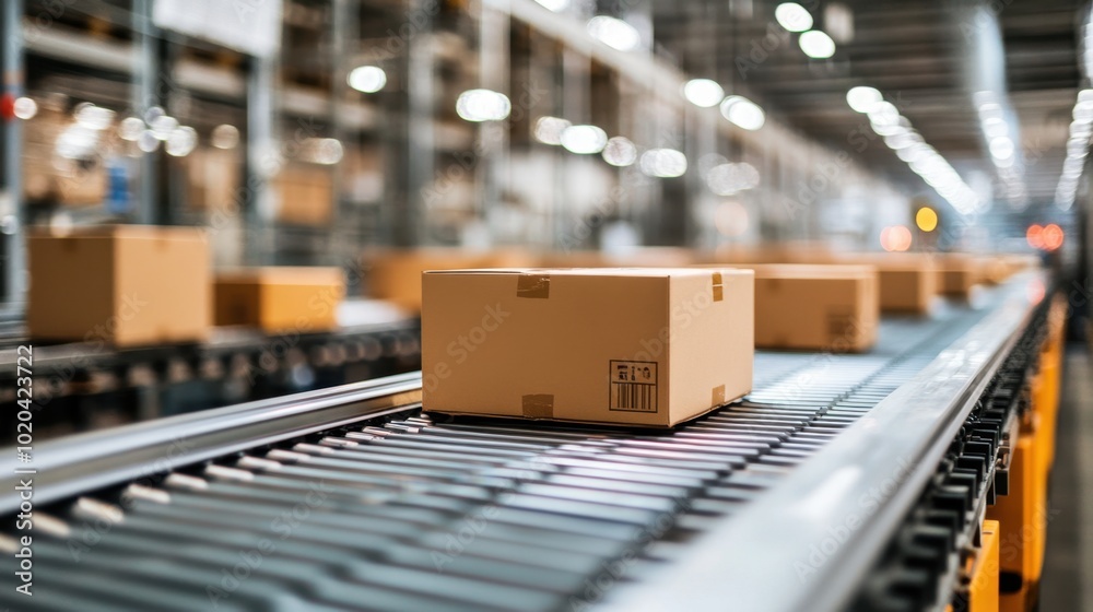 Poster a factory conveyor belt lined with boxes moving in sequence, representing an efficient shipping and 