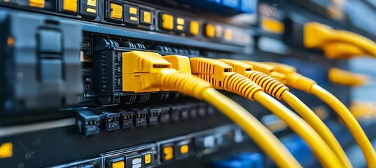 Naklejka premium Ethernet Network Switch With Connected Yellow Network Cables, Structred Cabling System