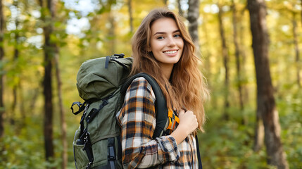 An adventurous young woman standing in the forest with a backpack, smiling confidently at the camera 