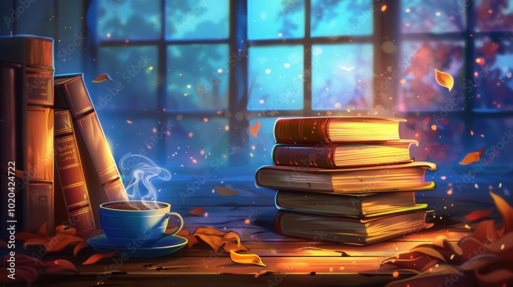 Poster a warm atmosphere surrounds a stack of books and a cup of coffee, perfect for enjoying a book in com