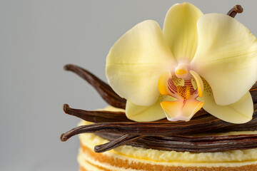 An orchid flower resembling vanilla orchid together with vanilla pods on the top of a creamy pastry with a neutral light grey background.