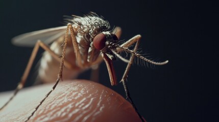 Naklejka premium Detailed shot of a mosquito perched on a finger, wings visible, highlighting its tiny legs and proboscis.