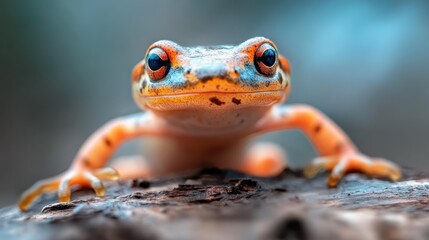 A vibrant and colorful newt is captured in close-up while perched on a wooden surface, showcasing its intricate patterns and vivid colors in a detailed view.