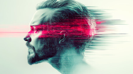 A futuristic artwork of a man's profile with a red digital glitch, epitomizing technology's impact on consciousness and identity.