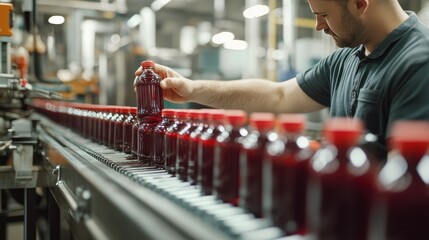 Factory employee checking bottles of juice moving on a conveyor belt, focused on proper sealing.
