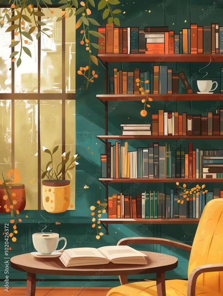 Aufkleber A warm and inviting space features bookshelves filled with various titles, a cup of coffee rests on a table beside an open book. Generative AI